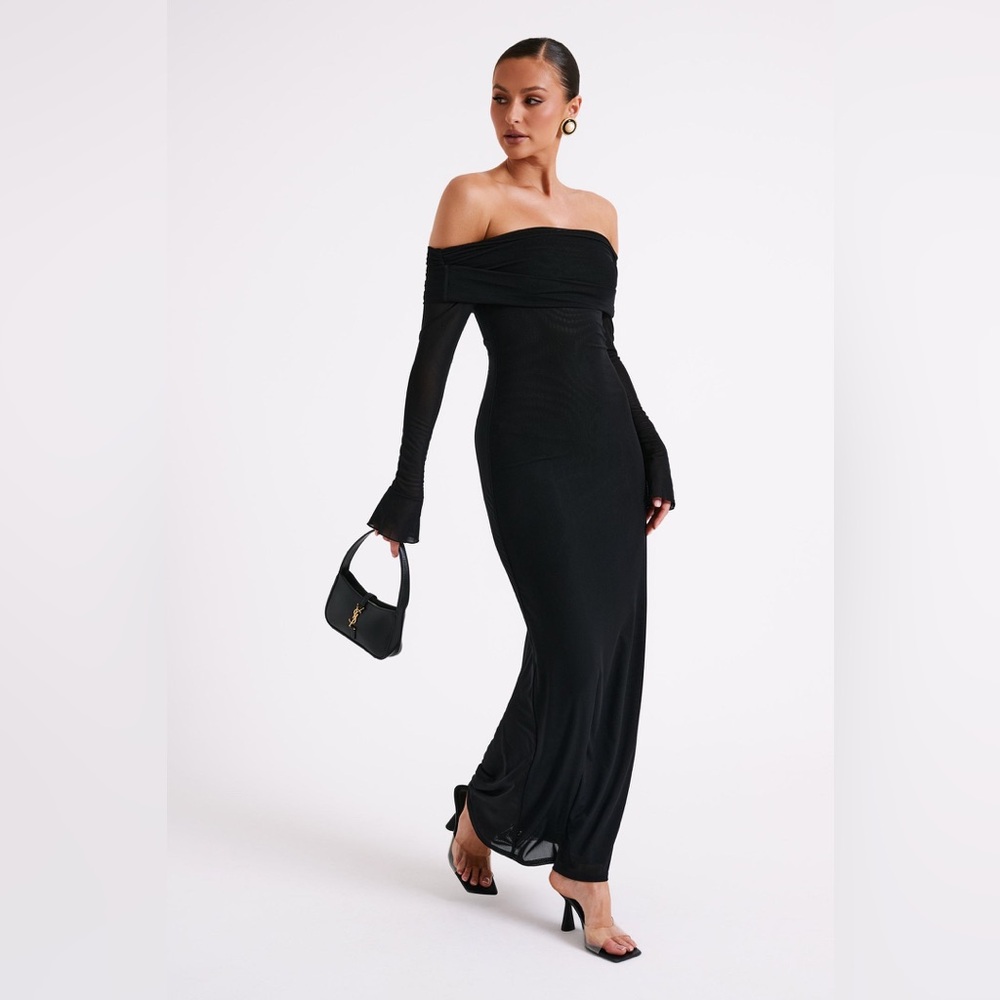 Meshki Josie Off Shoulder Mesh Maxi Dress (XXS) Black